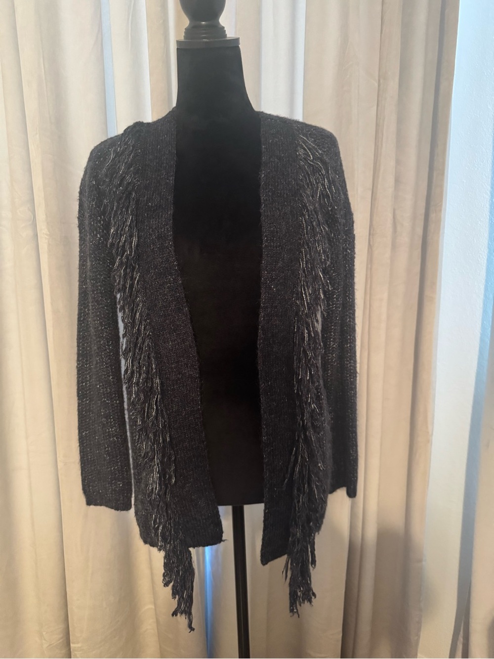 Kokai french brand Women’s Black Open-Front Fringe Sweater Cardigan